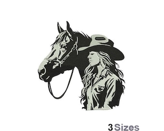 May include: Black and white silhouette embroidery design of a woman wearing a cowboy hat and riding a horse.