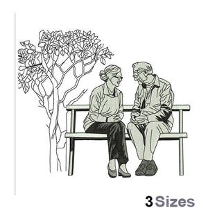 May include: A black and white line drawing of an older couple sitting on a bench under a tree. The couple is looking at each other and smiling. The tree has many branches and leaves.