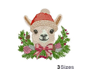 May include: An embroidered design of a llama wearing a red knit hat. The llama is surrounded by a wreath of green pine needles, pink roses, and a pink bow. The text "3 Sizes" is at the bottom.
