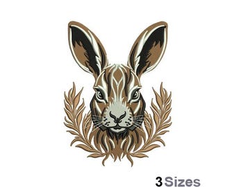 Peut inclure: Broderie représentant le visage d'un lapin brun avec des marques blanches, entouré de branches feuillues brunes.