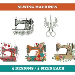 Op de afbeelding: De afbeelding toont vijf naaimachines, elk versierd met bloemmotieven. De machines zijn in verschillende kleuren, waaronder rood, oranje en neutrale tinten, en worden vergezeld door een schaar. De tekst bovenaan luidt "SEWING MACHINES" en de tekst onderaan luidt "5 DESIGNS / 3 SIZES EACH."