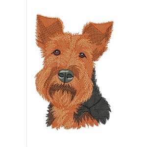 May include: Embroidered portrait of a dog, featuring a detailed depiction of a terrier breed. The dog has brown and black fur, with a textured appearance. The image is set against a white background.