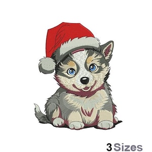 May include: A cartoon husky puppy wearing a red Santa hat with white trim. The puppy has blue eyes and a light gray and brown coat.