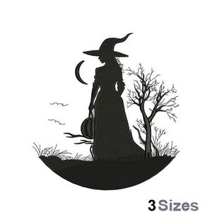 Puede incluir: Silueta negra de una bruja con un sombrero puntiagudo y una cesta, de pie frente a un árbol y una luna creciente.