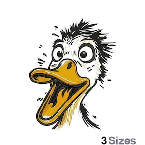 May include: A cartoon duck head with a surprised expression. The duck has a yellow beak, large eyes, and black and white feathers. The image is a digital illustration with the text "3 Sizes" at the bottom.
