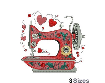 May include: Red sewing machine with floral designs and a heart motif. The machine is surrounded by hearts and vines.