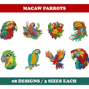 May include: A collection of eight colorful macaw parrot designs. Each parrot is depicted in a unique pose and color scheme, with vibrant reds, blues, greens, and yellows. The text at the top reads "MACAW PARROTS" and at the bottom "08 DESIGNS / 3 SIZES EACH".