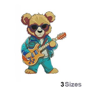 May include: A brown teddy bear wearing sunglasses and a blue jacket is playing a brown electric guitar with a white pickguard. The guitar has a red and white striped strap.