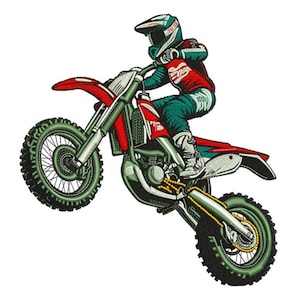 Könnte beinhalten: Gesticktes Design eines Motocross-Fahrers auf einem rot-grünen Dirtbike. Der Fahrer trägt einen Helm, ein rot-weißes Trikot und eine türkisfarbene Hose. Das Motorrad befindet sich in der Luft, das Vorderrad ist angehoben.