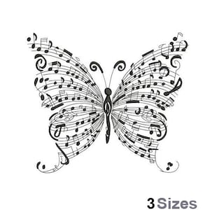 May include: Black and white butterfly design composed of musical notes and symbols. The butterfly's wings are filled with musical notation, creating a unique and artistic representation of music. The text "3 Sizes" is at the bottom.