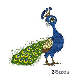 May include: A cartoon peacock with blue, green, yellow, and brown coloring. The peacock has a detailed blue body, a fan of green and yellow feathers, and a crown of blue feathers. The text "3 Sizes" is at the bottom.