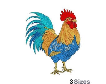 May include: A colorful rooster with a red comb and wattle, blue and teal feathers, and a yellow body. The rooster is standing on a white background.