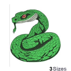 May include: Green snake embroidery design with a red eye. The snake is curled up in a coil with its head raised. This design is available in three sizes.
