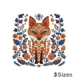 Puede incluir: Diseño bordado de un zorro naranja con marcas blancas rodeado de elementos florales azules y naranjas. El diseño es perfecto para proyectos de bordado.