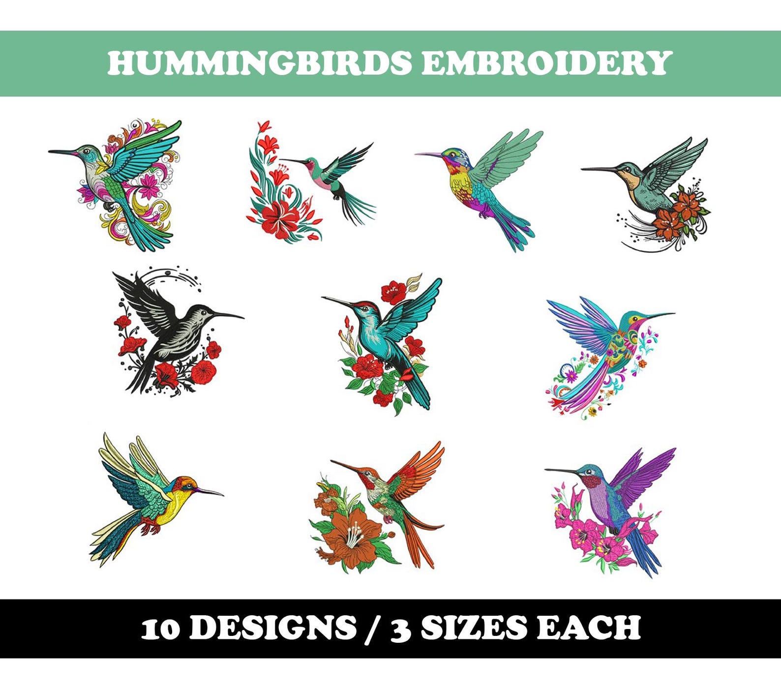 Hummingbird Printable Designs Hummingbirds (10 Designs) - Machine Embroidery Bundle, Tropical Bird ...