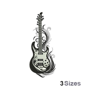 May include: Black and white embroidered electric guitar design with decorative swirls. The guitar features a detailed fretboard, body, and headstock. The text "3 Sizes" is at the bottom of the image.