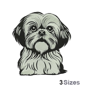 May include: Black and white line drawing of a Shih Tzu dog with a fluffy, furry coat. The dog is looking directly at the viewer with a serious expression.