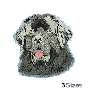 May include: Embroidered design of a Newfoundland dog's head, featuring detailed shading in black, gray, and white. The dog has pink eyes and a pink tongue. The text "3 Sizes" is at the bottom.