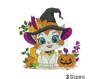Happy Autumn Kitten with Witch Hat - Machine Embroidery Design - 3 Sizes, Halloween Cat