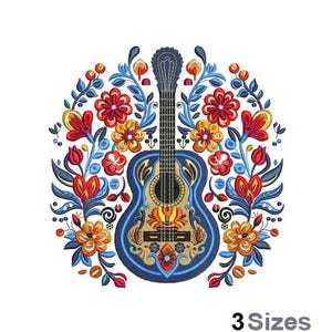Op de afbeelding: Borduurwerk van een blauwe akoestische gitaar met bloemmotieven. De gitaar is omringd door rode, gele en blauwe bloemen.