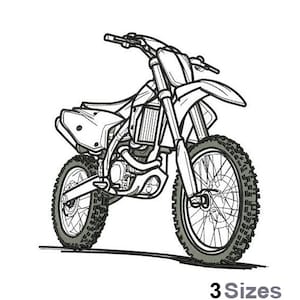 May include: Black and white line drawing of a motocross motorcycle. The image shows the motorcycle's tires, seat, and handlebars. The text "3 Sizes" is at the bottom of the image.