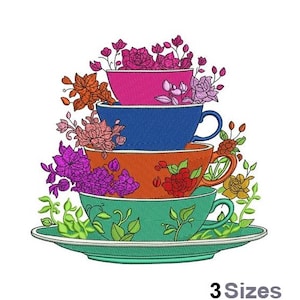 Tea Cup Flowers - Machine Embroidery Design - 3 Sizes
