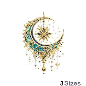 Puede incluir: Media luna dorada y azul con una estrella en su interior y un diseño decorativo. La luna tiene una cadena colgante de cuentas y estrellas.