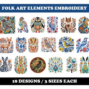 Op de afbeelding: 18 borduurmotieven met folk-art elementen, waaronder dieren, vogels en bloemmotieven. Elk ontwerp is verkrijgbaar in drie maten.