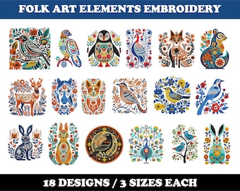 Folk Art Fauna (18 Designs) - Machine Embroidery Designs Bundle, Folk patterns