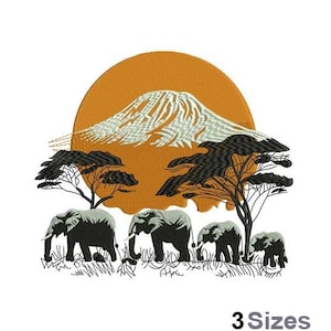 Könnte beinhalten: Gestickte Darstellung eines Sonnenuntergangs über einem Berg mit fünf Elefanten, die davor laufen. Die Elefanten sind schwarz und grau und der Berg ist weiß. Der Sonnenuntergang ist orange und gelb.