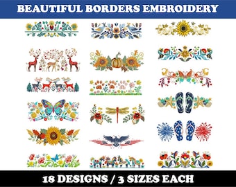 Beautiful Borders (18 Designs) - Machine Embroidery Bundle, Festive border, Floral border, Folk art Border