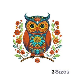May include: Embroidered design of a colorful owl with geometric patterns, sitting on a branch with floral accents. The owl has orange, blue, green, and yellow details.