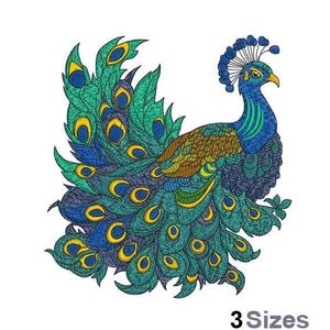 May include: Embroidered design of a peacock with a blue, green, and yellow color scheme. The peacock has a detailed tail with a fan of feathers.