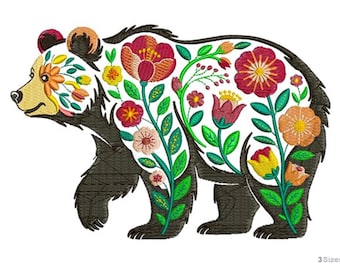 Blooming Floral Bear  - Machine Embroidery Design - 3 Sizes
