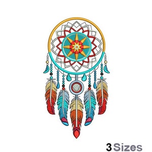 Könnte beinhalten: Ein farbenfroher Traumfänger mit einem blauen und roten Mandala-Design, Federn in Orange-, Rot- und Gelbtönen und Perlen in Blau und Weiß.