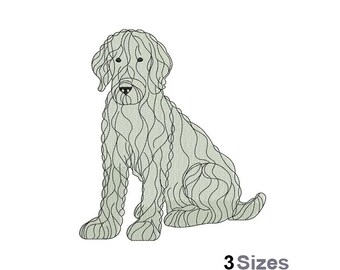 May include: Line art illustration of a fluffy dog sitting with its legs crossed. The dog is drawn in a simple, stylized manner, with its fur represented by lines.