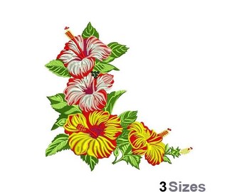 May include: Embroidered design featuring a cluster of red, white, and yellow hibiscus flowers with green leaves. The flowers are arranged in a corner design.