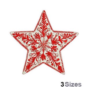 May include: A red and white star-shaped design with intricate floral patterns. The star has a detailed, embroidered appearance, with a snowflake-like design in the center. The text "3 Sizes" is at the bottom, indicating size options.