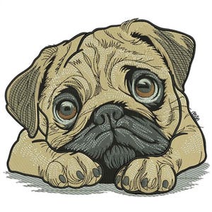 May include: Embroidered image of a pug dog with large, expressive eyes and a wrinkled face. The pug is lying down, with its paws extended. The color palette includes tan, brown, and gray tones, creating a detailed and textured appearance.