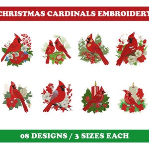 Weihnachtskardinäle (8 Designs) - Maschinenstickerei, Weihnachtsvögel