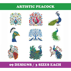 May include: A collection of nine artistic peacock designs in various styles. The designs feature vibrant colors and intricate details, showcasing the beauty of peacocks. The text "ARTISTIC PEACOCK" and "09 DESIGNS / 3 SIZES EACH" are displayed.