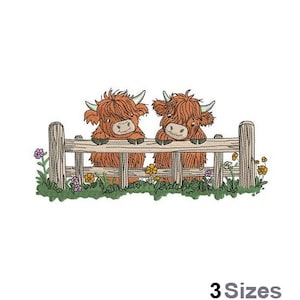 May include: An embroidered design featuring two Highland cows with shaggy, reddish-brown fur, peeking over a wooden fence. The scene includes green grass, colorful flowers, and the text "3 Sizes" at the bottom.