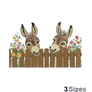 May include: An embroidered design featuring two donkeys peeking over a brown wooden fence. Colorful flowers bloom around the fence. The donkeys have brown fur and large, expressive eyes. The text "3 Sizes" is at the bottom.