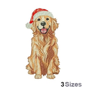 May include: An embroidered image of a Golden Retriever wearing a Santa hat. The dog is sitting with its tongue out, and the image is in shades of brown, tan, red, and white. The text "3 Sizes" is at the bottom.