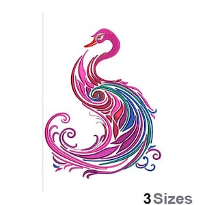 May include: Embroidered design of a stylized pink bird with blue, green, and purple feathers. The bird is in a curled position with its head turned to the side. The design is intricate and detailed.