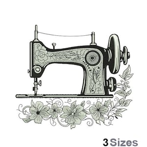 Puede incluir: Diseño de bordado en blanco y negro de una máquina de coser vintage con detalles florales. El diseño incluye una máquina de coser con detalles intrincados y un borde floral.