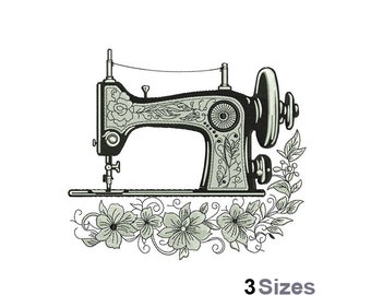 May include: Black and white embroidery design of a vintage sewing machine with floral accents. The design includes a sewing machine with intricate details and a floral border.