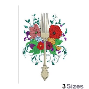 Op de afbeelding: Borduurontwerp van een vork met een boeket kleurrijke bloemen, waaronder rode, roze, gele en paarse bloemen. Het ontwerp is perfect voor borduurprojecten.