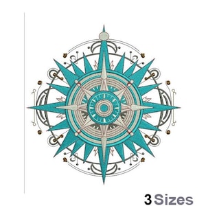 May include: A teal blue compass with a detailed design, surrounded by a circular pattern of gold and gray lines. The compass has a starburst shape with a central circle and a series of points radiating outwards.