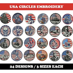 USA Patch Circles (24 Designs) - Machine Embroidery Bundle, Patriotic American flag embroidery designs